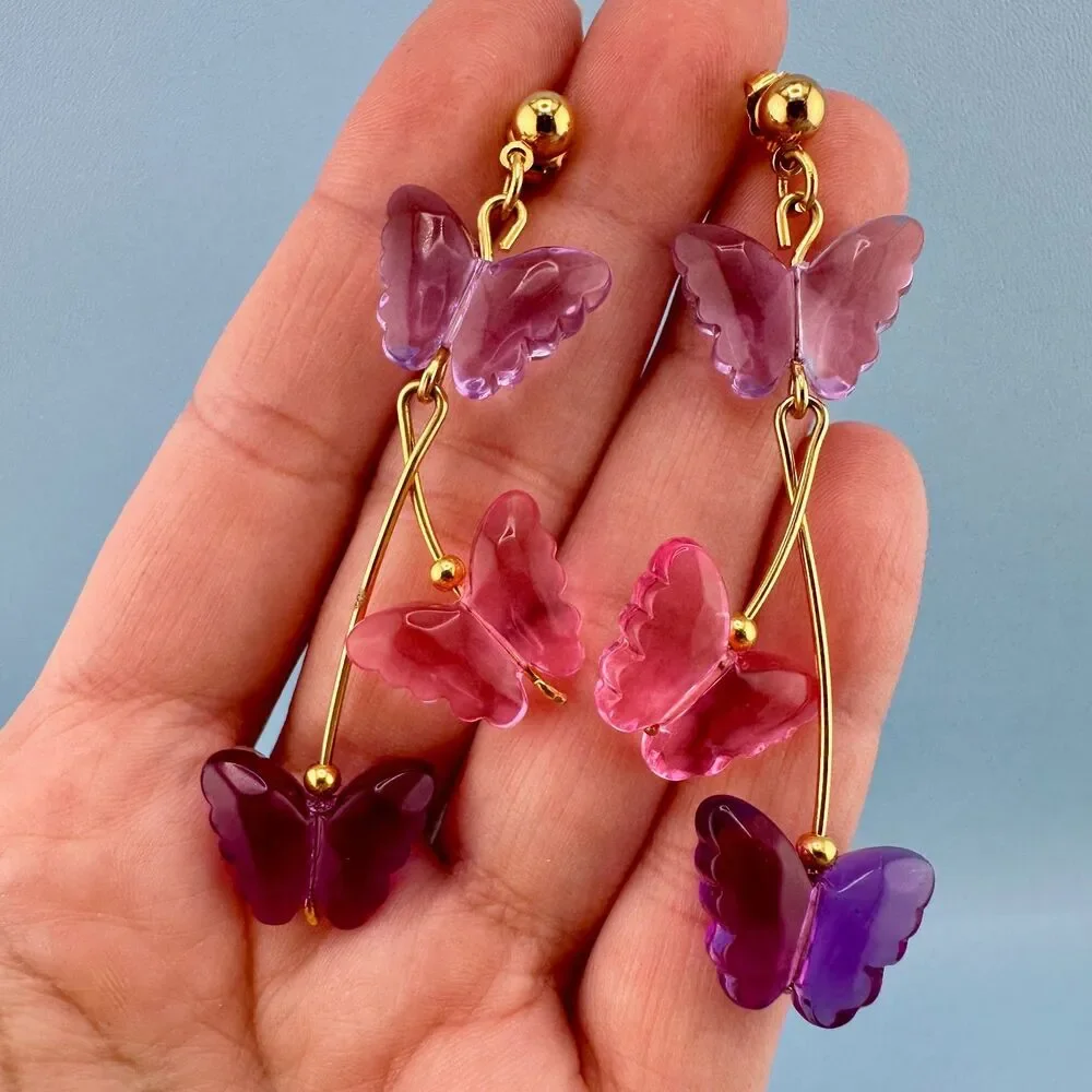 Vintage Butterfly Dangle Earrings Pink Purple Lucite Gold Tone Pierced Signed